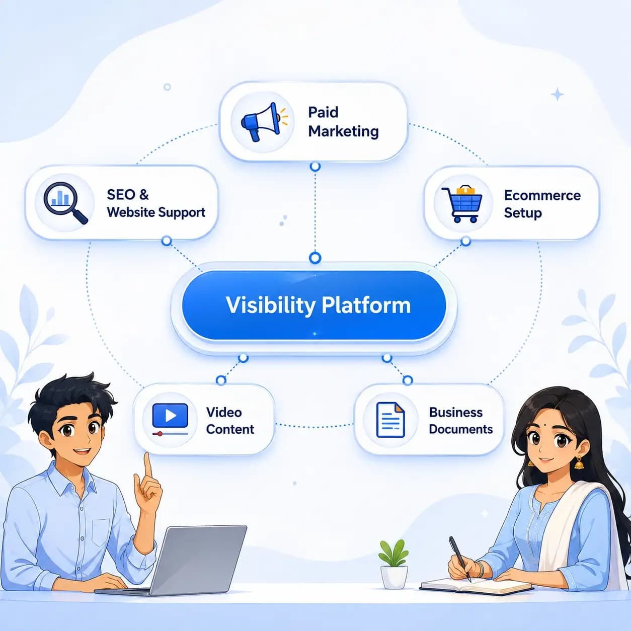 Digibility partner ecosystem graphic showing a visibility platform with support chips for paid marketing, SEO and website support, ecommerce setup, video content, and business documents