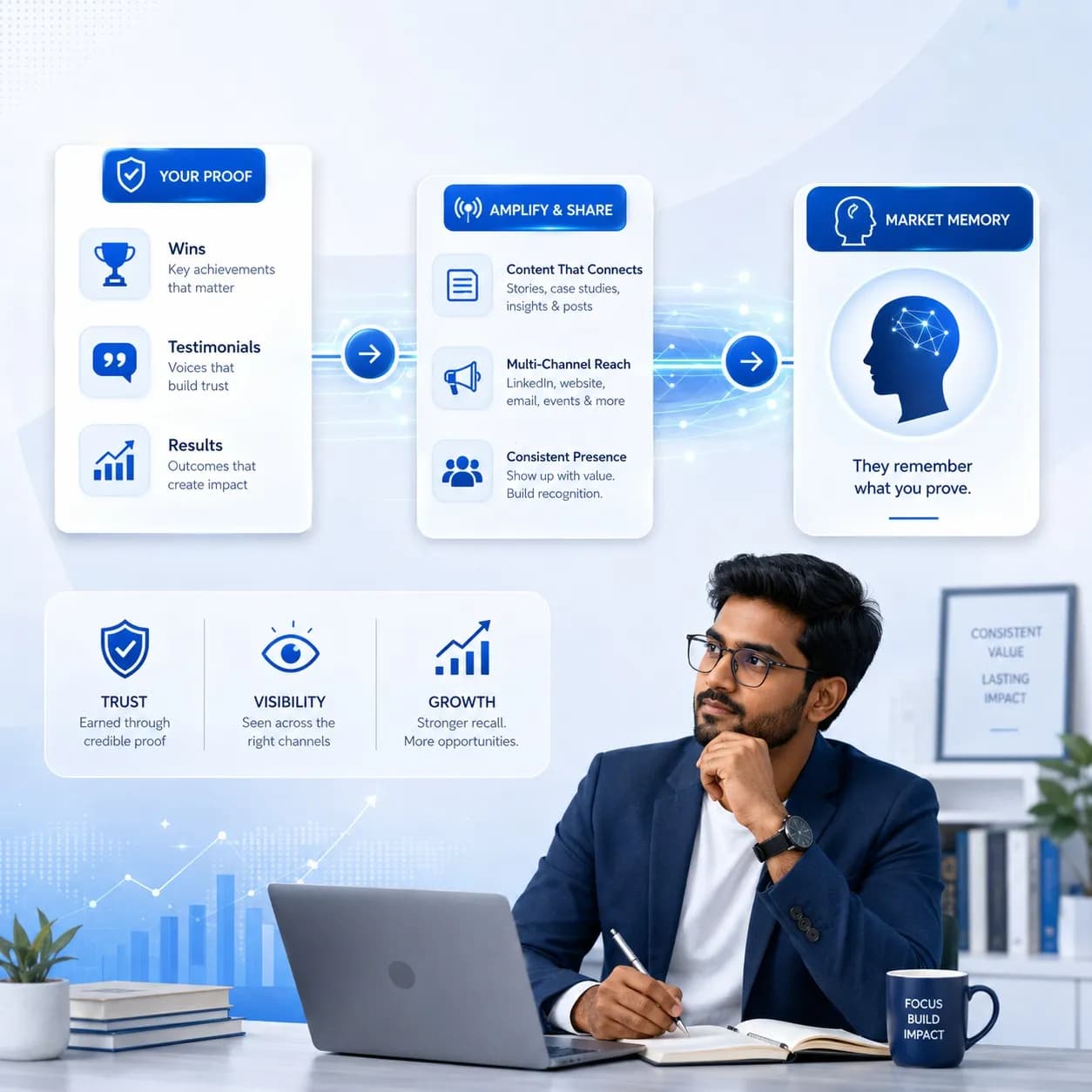 Digibility illustration showing proof, testimonials, results, and consistent content turning into trust, visibility, growth, and market memory