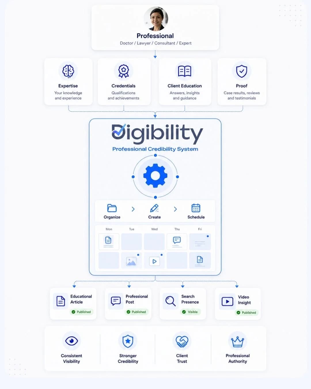 Digibility platform helping doctors, lawyers, consultants, and experts build visibility, credibility, client trust, and professional authority.