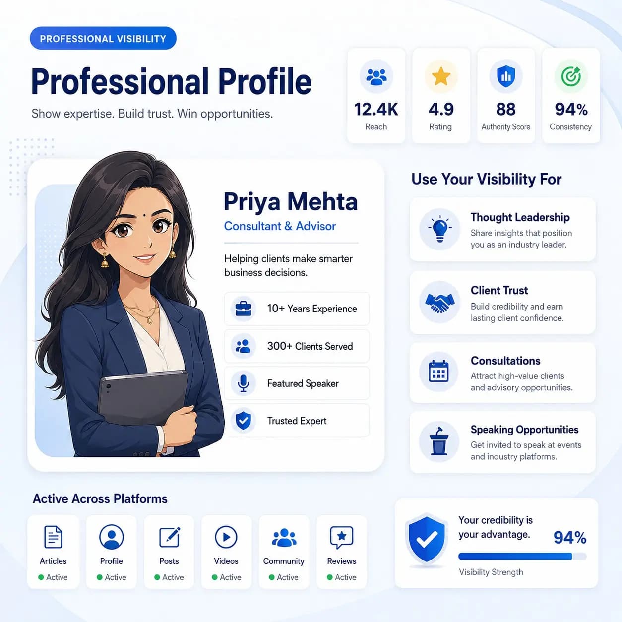 Digibility professional visibility profile showing expertise, client trust, platform activity, credibility indicators, and visibility strength